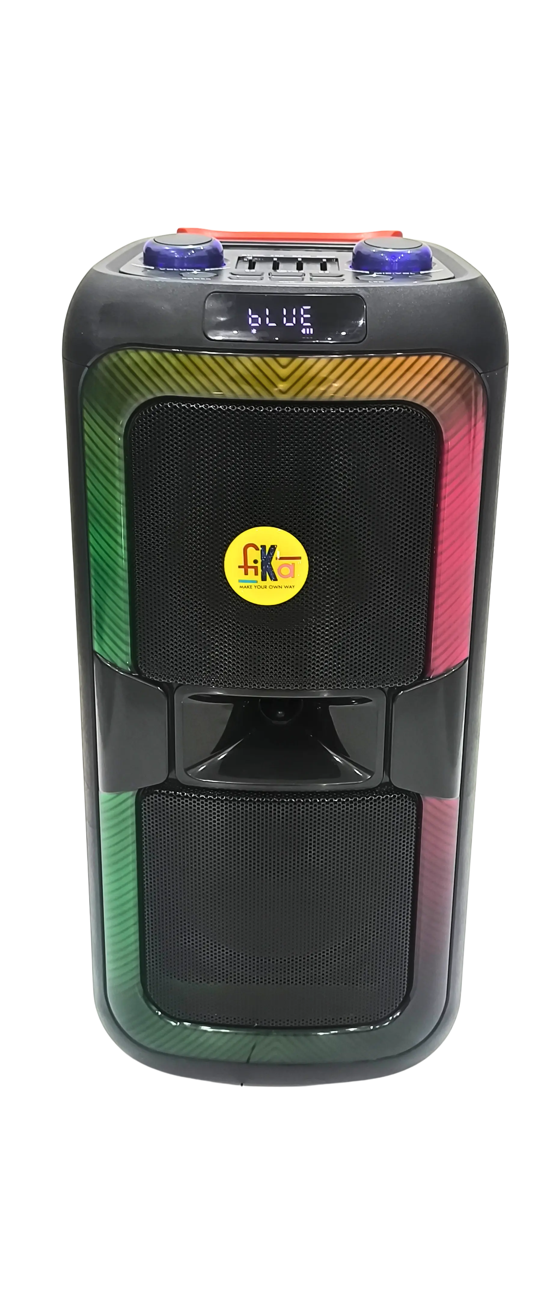 "Professional 60W Fika party speaker features wireless mic, TWS pairing, Dual 8 inch Speaker and LED effects. Ideal for DJs, karaoke, and live performances."